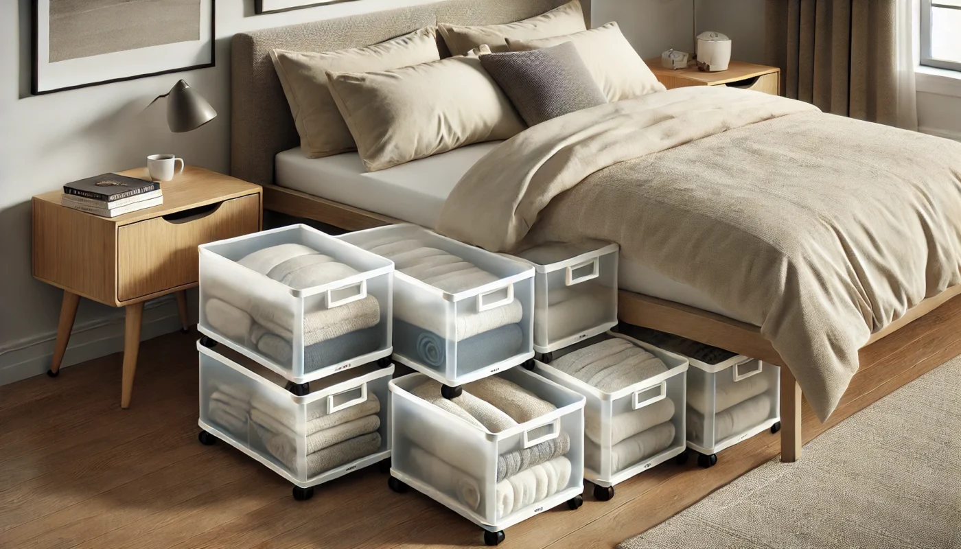 AI-Generated Image of bedding being stored in containers under the bed.