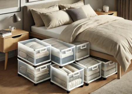 AI-Generated Image of bedding being stored in containers under the bed.